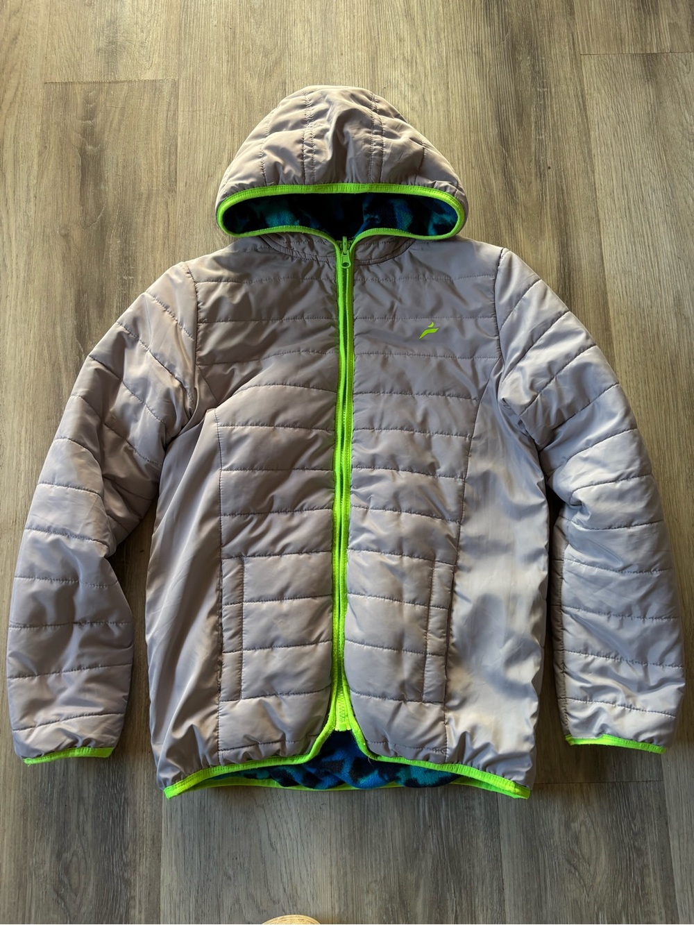Kids Hooded Puffer Jacket in Light Gray with Lime Trim